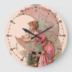 DAME DES MONDES MIT BLUMEN IN ROSA GROßE WANDUHR