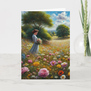 Dame, die Blume auf der Wiese hält Karte