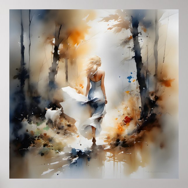 Dame, die durch einen Wald geht Poster (Vorne)