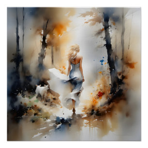 Dame, die durch einen Wald geht Poster