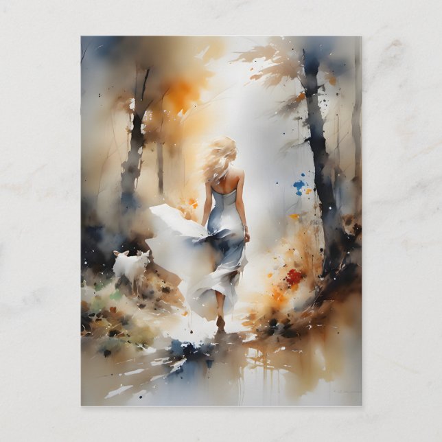 Dame, die durch einen Wald geht Postkarte (Vorderseite)