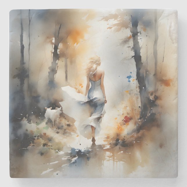 Dame, die durch einen Wald geht Steinuntersetzer (Vorderseite)