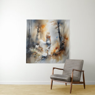 Dame, die durch einen Wald geht Wandteppich