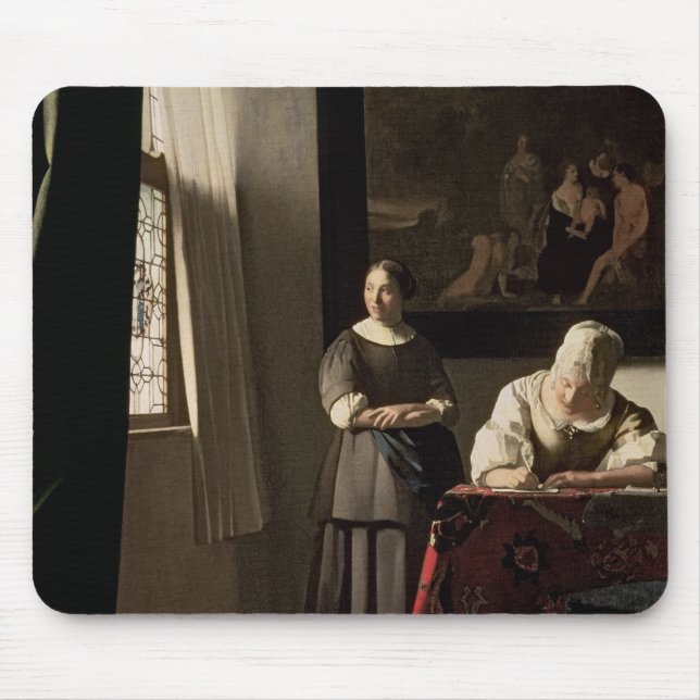 Dame, die einen Brief mit ihrem Mädchen, c.1670 Mousepad (Vorne)