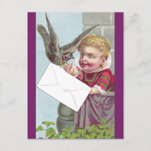 Dame erhält Post per Brieftaube Postkarte