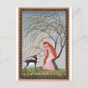 DAME FÜTTERT ANTELOPE ALTINDISCHE KUNST POSTKARTE
