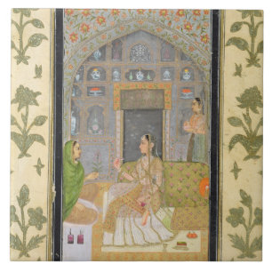 Dame gesetzt in einem Pavillon mit Begleitern, vom Fliese