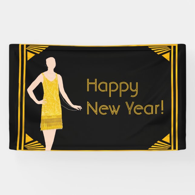 Dame im Gold guten Rutsch ins Neue Jahr 20s Banner (Horizontal)