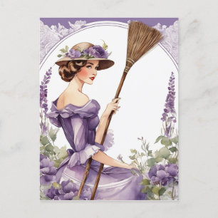 Dame im Hintergrund, Vintage Lila Broom Clip Art, Postkarte
