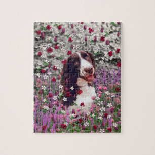 Dame in den Blumen - Bretagnespaniel-Hund Puzzle