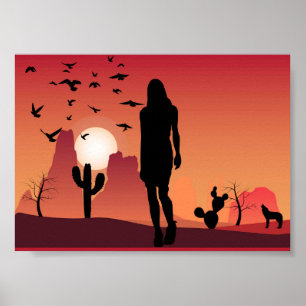 Dame in der Wüste Landschaft Tiere Natur Kunst Poster