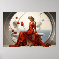 Dame in einem roten Kleid in einem weißen Raumgemä