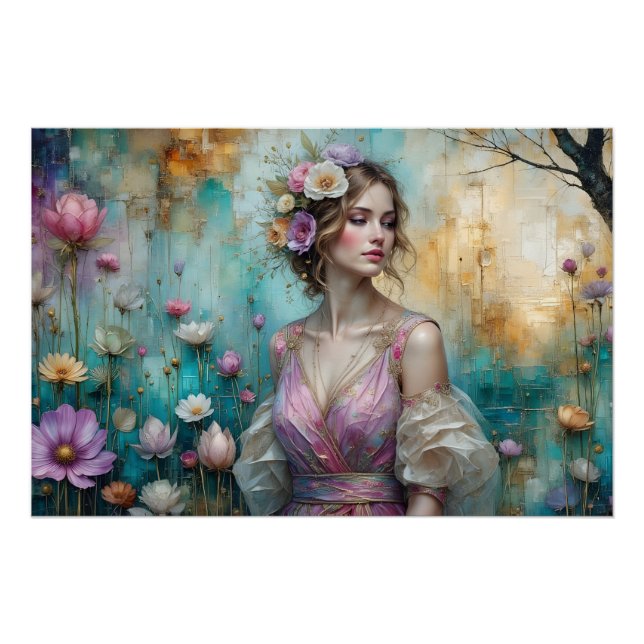 Dame in Rosa, texturierte Blumenlandschaft Türkis  Poster (Vorderseite)