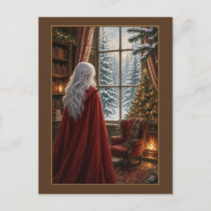 Dame in rotem Mantel am Winterfenster Postkarte