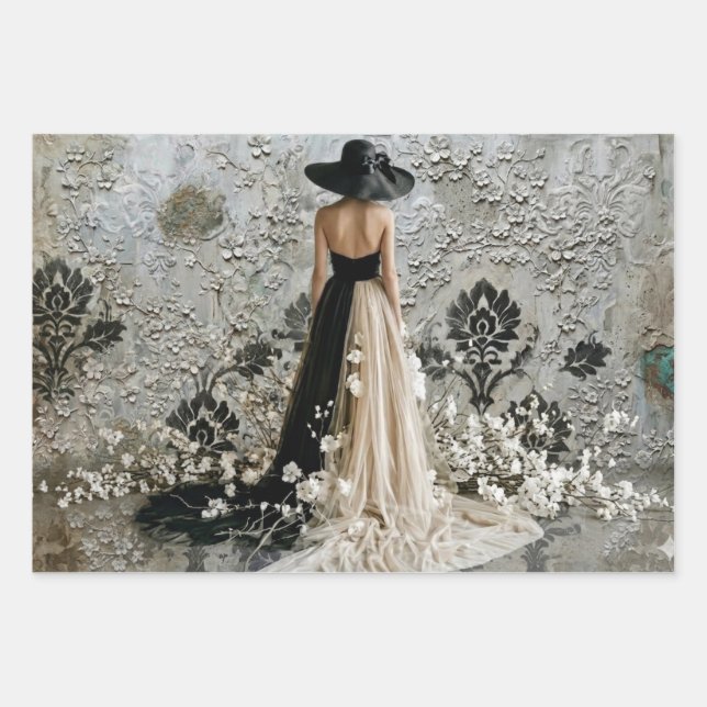 Dame in Schwarz Damast Decoupage  Geschenkpapier Set (Vorderseite)