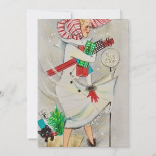 Dame in Vintage-Optik mit Weihnachtsgeschenken Feiertagskarte