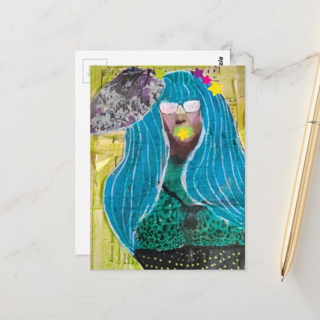 Dame mit blauem Haar Mixed Media Collage Postkarte (Vorderseite/Rückseite Beispiel)