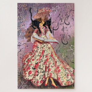 Dame mit Buch Vintage-Zeichnung Fantasy Märchen Puzzle