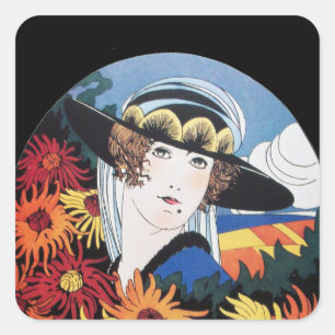 Dame mit Chrysanthemenblüten Quadratischer Aufkleber