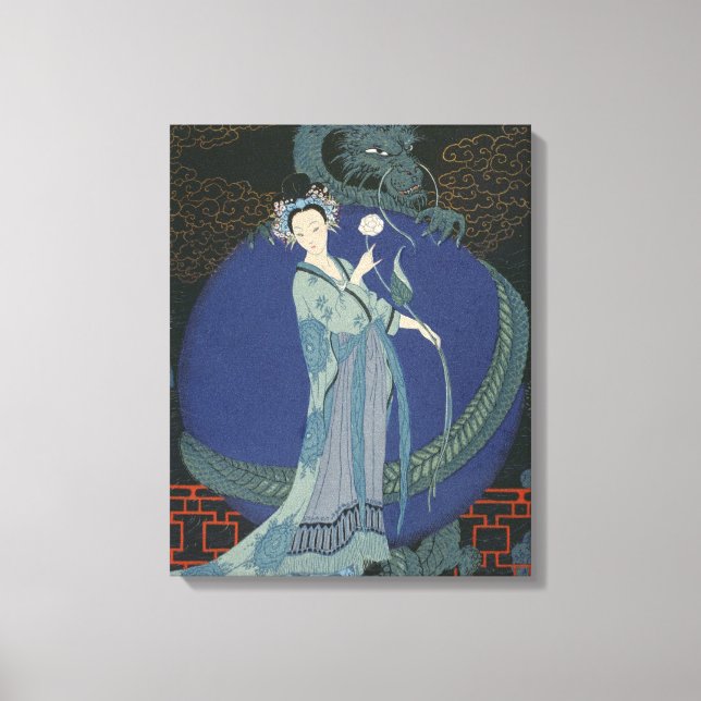 Dame mit Drache (farbige Litho) Leinwanddruck (Vorderseite)