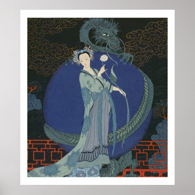Dame mit Drache (farbige Litho) Poster (Vorne)