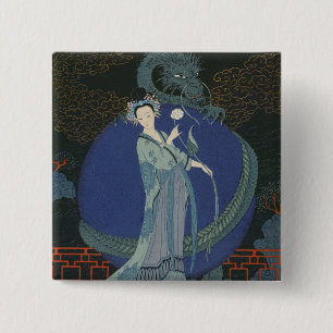 Dame mit einem Drachen (Farbelitho) Button