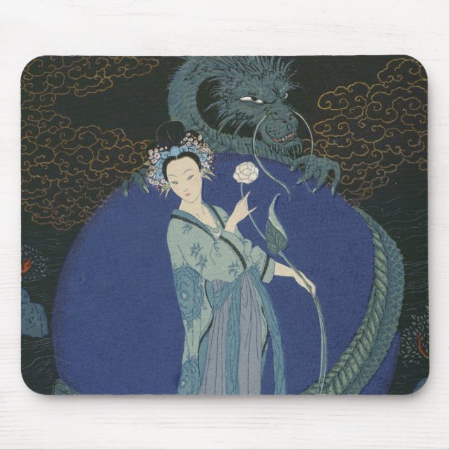 Dame mit einem Drachen (Farbelitho) Mousepad (Vorne)