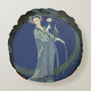 Dame mit einem Drachen (Farbelitho) Rundes Kissen