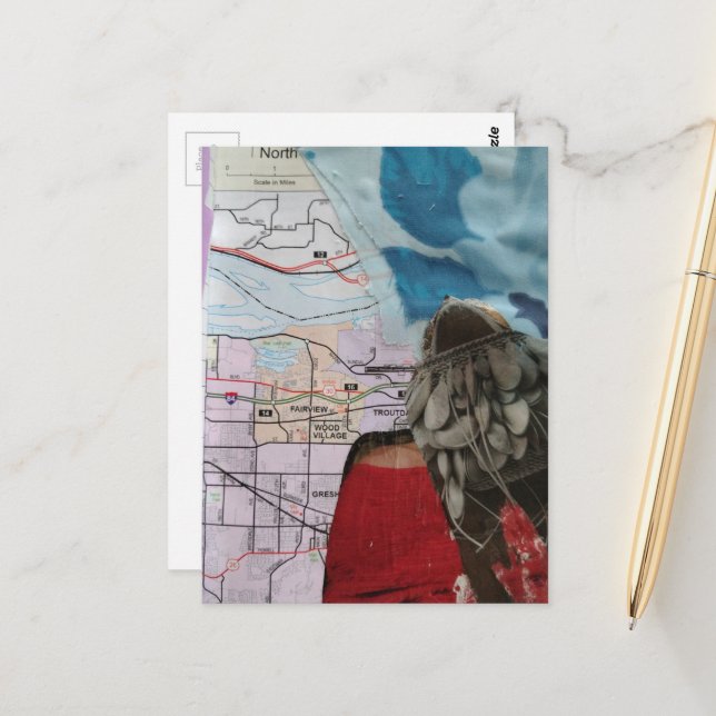 Dame mit einer Handtasche als Kopf Surrealer Colla Postkarte (Vorderseite/Rückseite Beispiel)