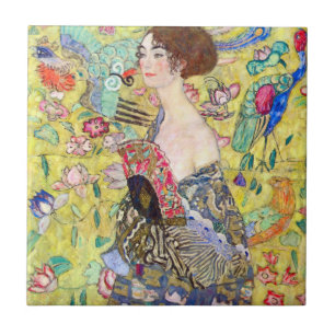 Dame mit Fächer von Gustav Klimt, Vintage Japonism Fliese