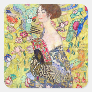 Dame mit Fächer von Gustav Klimt, Vintage Japonism Quadratischer Aufkleber