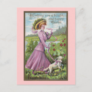 Dame mit Lamm an der Leine Vintage Ostern Feiertagspostkarte