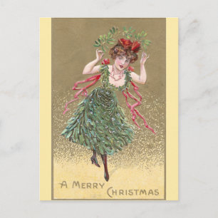 Dame mit Mistelzweig-Kleid Vintage-Weihnachten Feiertagspostkarte