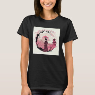 Dame mit Regenschirm Kirschblüte Japanische Burg T-Shirt