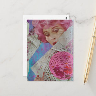 Dame mit rosa Haaren Mixed Media Collage Postkarte