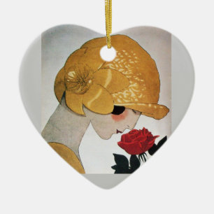 DAME MIT ROTEM ROSENHERZEN KERAMIK ORNAMENT