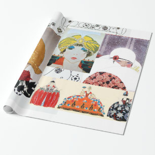 DAME MIT ROTER ROSE, ART DECO SCHÖNHEIT MODE KOSTÜ GESCHENKPAPIER