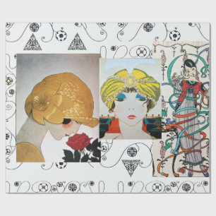 DAME MIT ROTER ROSE, ART DECO SCHÖNHEIT MODE KOSTÜ GESCHENKPAPIER