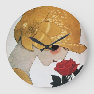 DAME MIT ROTER ROSE GROßE WANDUHR