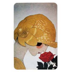 DAME MIT ROTER ROSE MAGNET