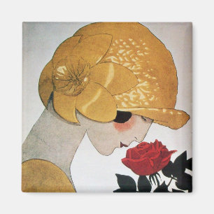 DAME MIT ROTER ROSE MAGNET