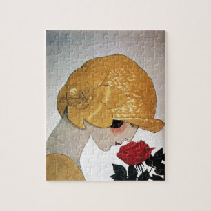 DAME MIT ROTER ROSE PUZZLE