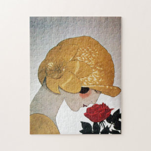DAME MIT ROTER ROSE PUZZLE