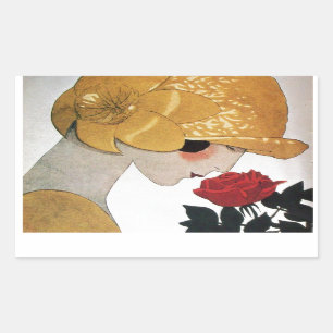 DAME MIT ROTER ROSE RECHTECKIGER AUFKLEBER