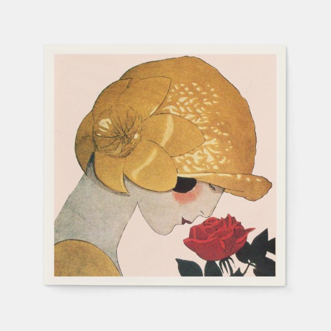 DAME MIT ROTER ROSE , Rosa Serviette (Vorderseite)