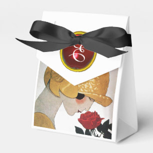 DAME MIT ROTER ROSE RUBIN-EDELSTEIN-MONOGRAMM GESCHENKSCHACHTEL