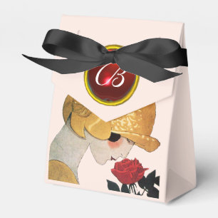 DAME MIT ROTER ROSE RUBIN-EDELSTEIN-MONOGRAMM, Ros Geschenkschachtel