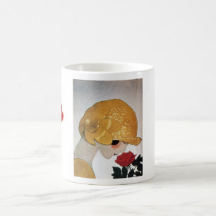 DAME MIT ROTER ROSE TASSE