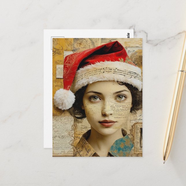 Dame mit Santa-Hut Mixed Media Collage Postkarte (Vorderseite/Rückseite Beispiel)