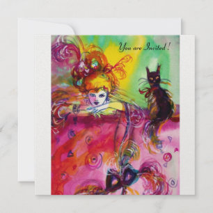 DAME MIT SCHWARZER KATZE /Mardi Gras- Maskenball Einladung